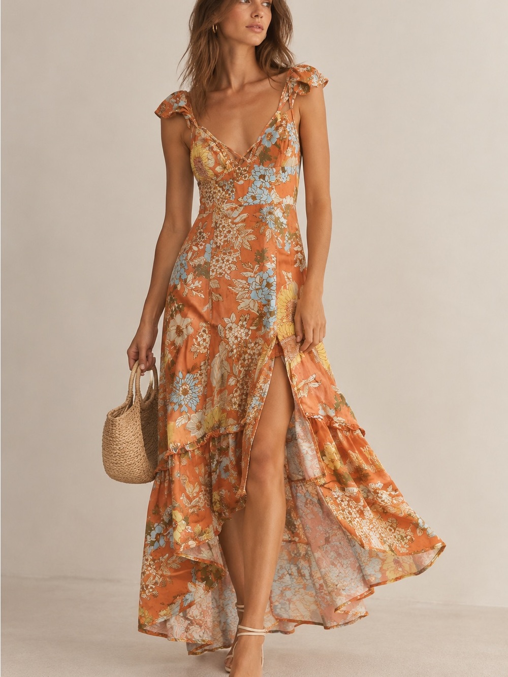 Urban Outfitters Floral High-Low Maxi Sundress Orange Size S